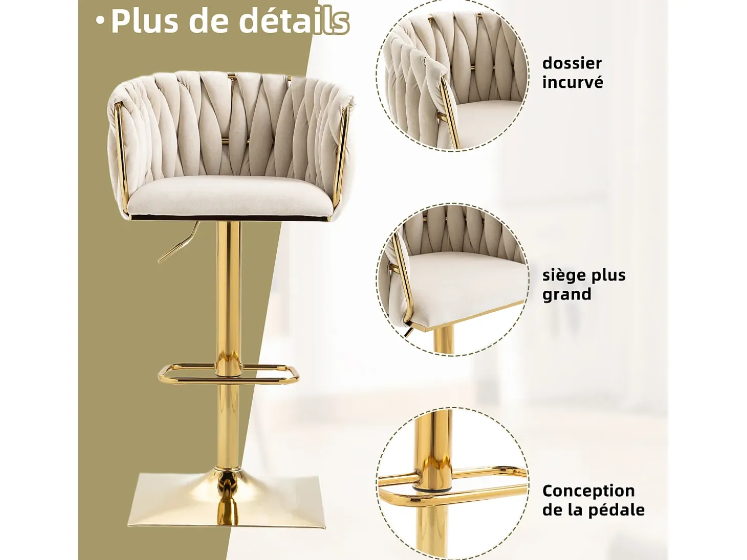 Set de 2 Taburetes de Bar Trenzados - Patas de Metal Dorado - Reposapiés - Altura Ajustable - Giro 360° - Ideal para Cocina, Salón o Bar