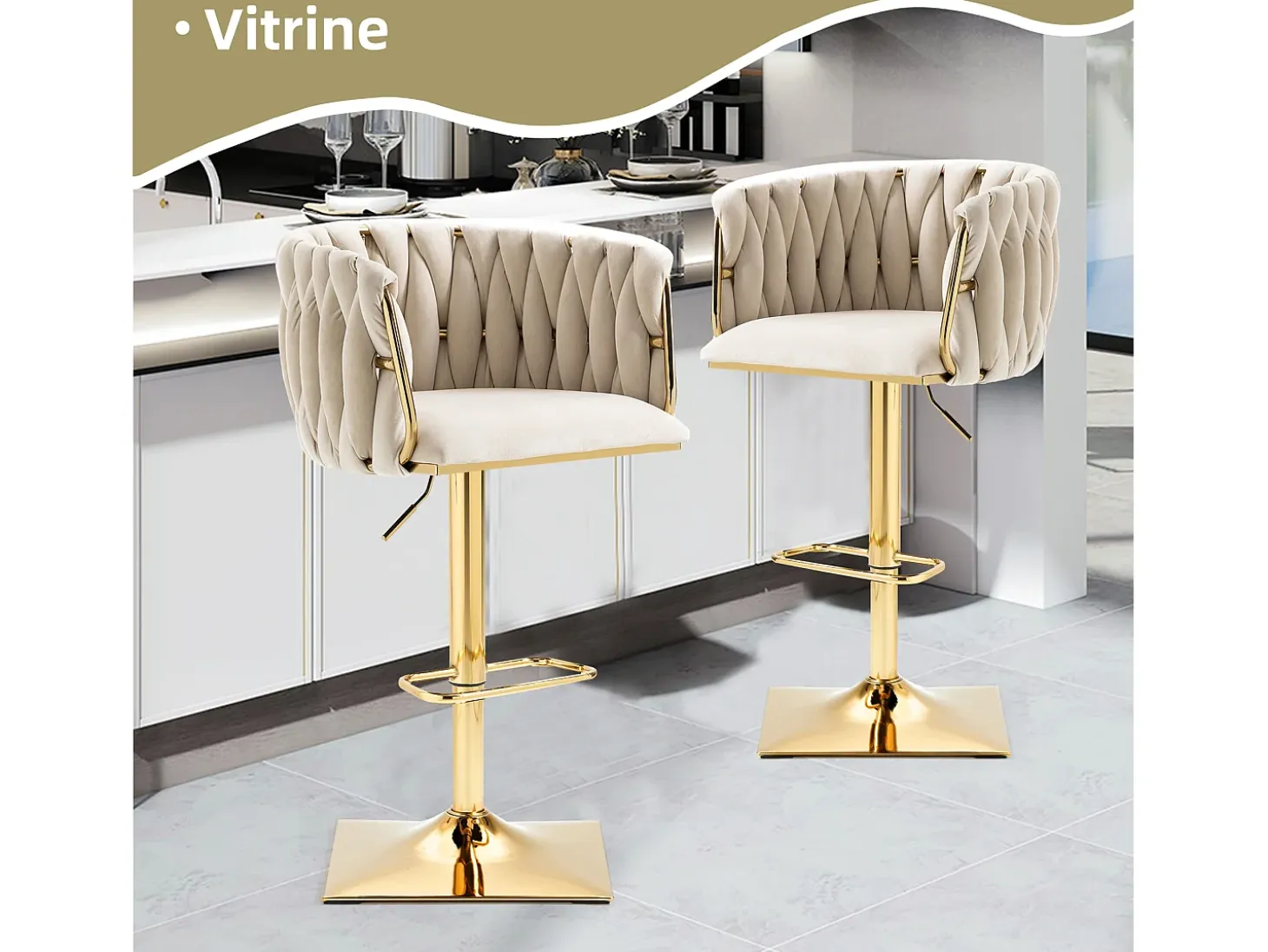 Set de 2 Taburetes de Bar Trenzados - Patas de Metal Dorado - Reposapiés - Altura Ajustable - Giro 360° - Ideal para Cocina, Salón o Bar