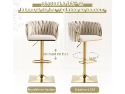 Set de 2 Taburetes de Bar Trenzados - Patas de Metal Dorado - Reposapiés - Altura Ajustable - Giro 360° - Ideal para Cocina, Salón o Bar