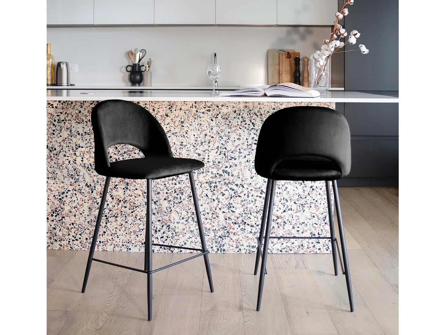 Set de 2 taburetes para isla de cocina en terciopelo negro 65 cm - Pénélope