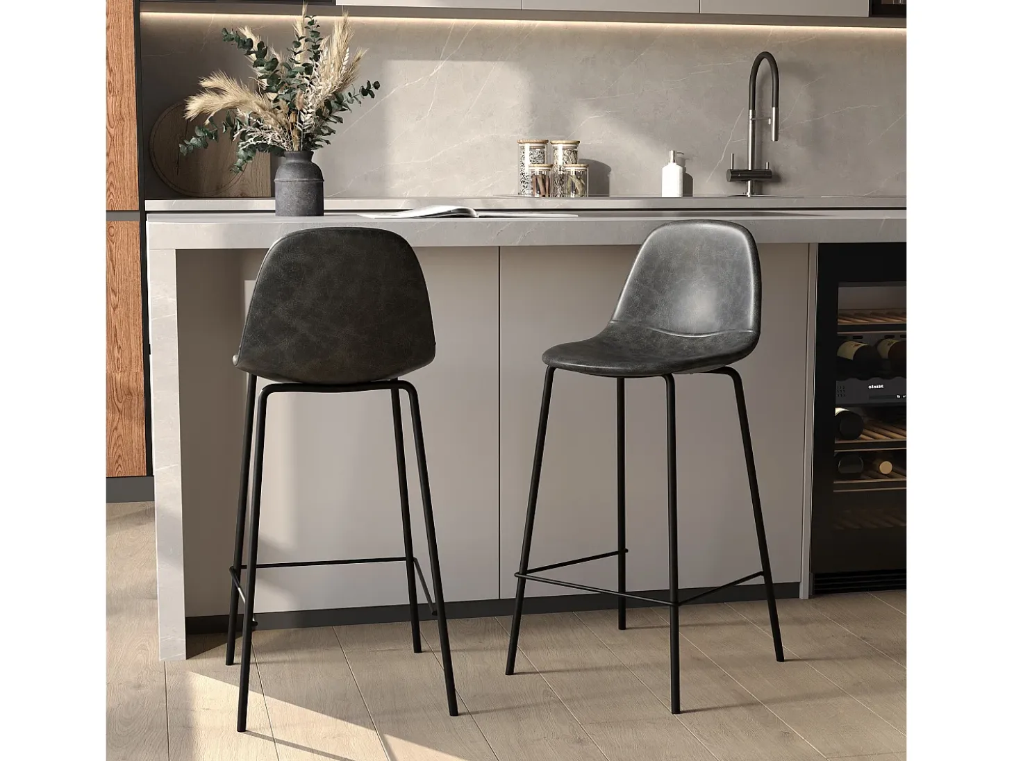 Set de 2 taburetes para isla de cocina de sintético gris/negro 65 cm - Henrik