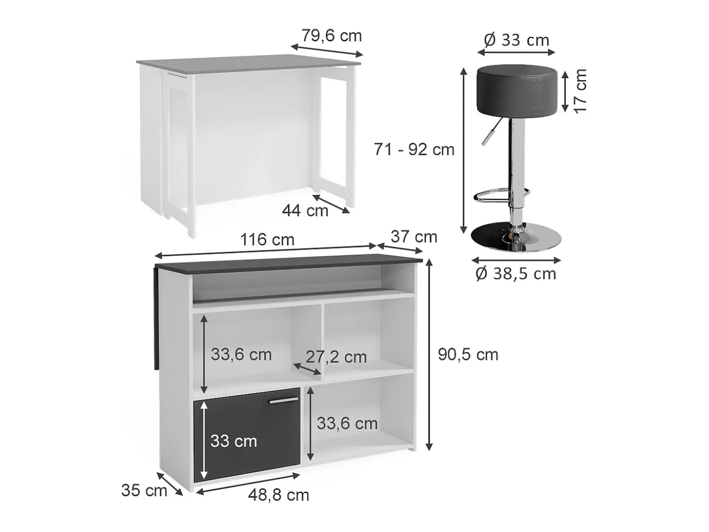 Set de mesa de bar antracita/blanco 116x37x90.5 dominic