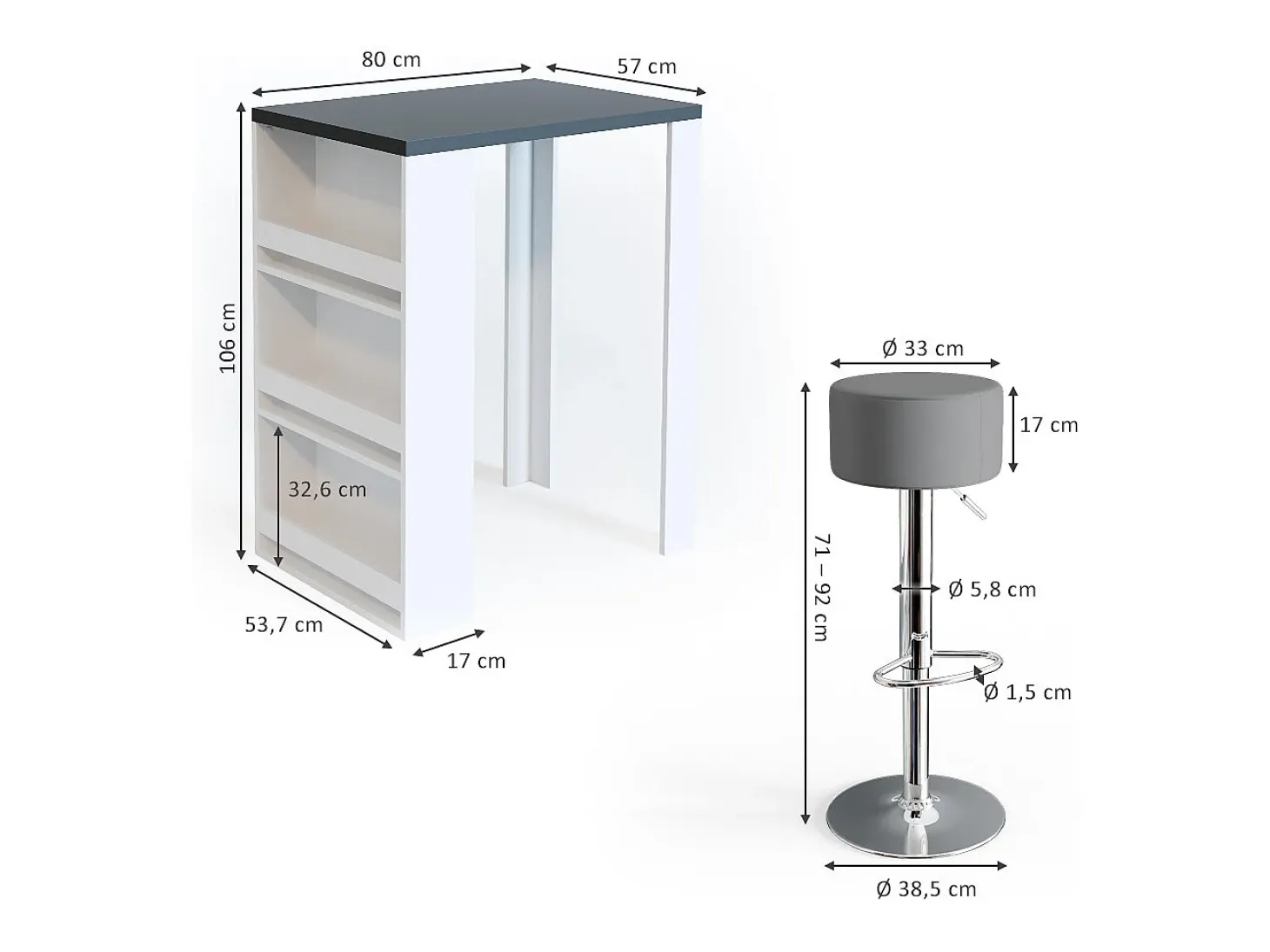 Set de mesa de bar antracita/blanco 57x80x106