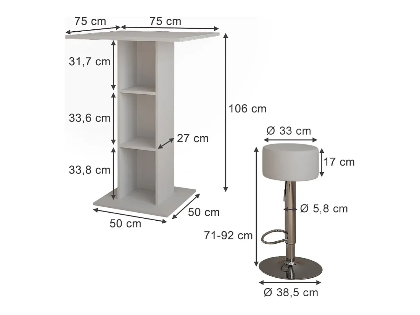 Set de mesa de bar blanco 75x75x106 repose