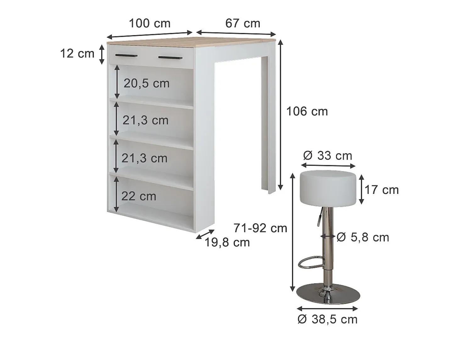 Set de mesa de bar blanco/sonoma 67x100x106 repose