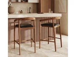 Set of 2 bar stools, 77 cm, in varnished teak with black leather seats - Bali