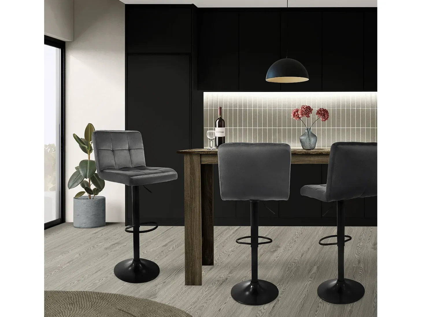 Set 4x taburetes de bar de terciopelo gris silla giratoria 360° con reposapiés
