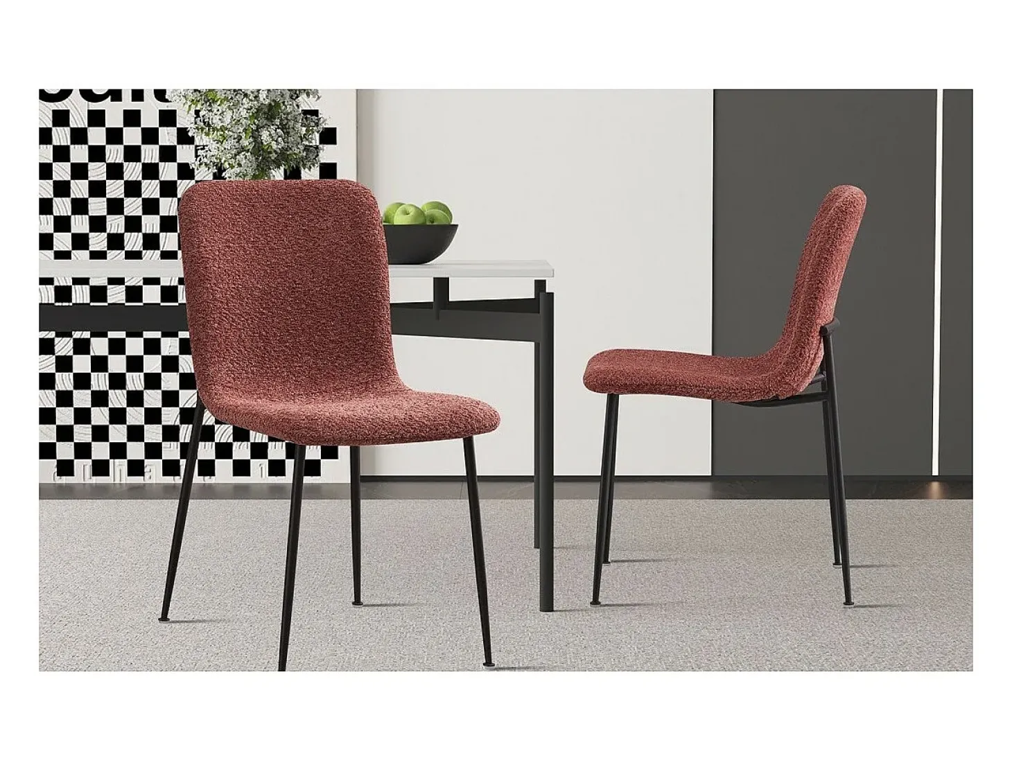 Silla ALICE – Tela rizada rosa y patas de metal negro – Confort moderno y estilo de tendencia