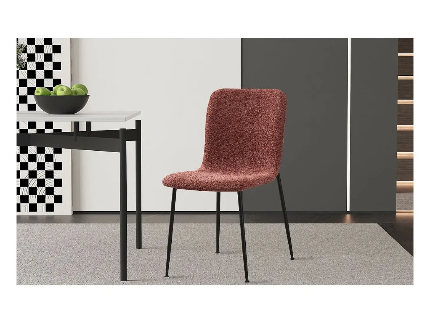 Silla ALICE – Tela rizada rosa y patas de metal negro – Confort moderno y estilo de tendencia