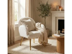 Silla butaca de tela de bouclé blanca y metal dorado para el salón Vivi