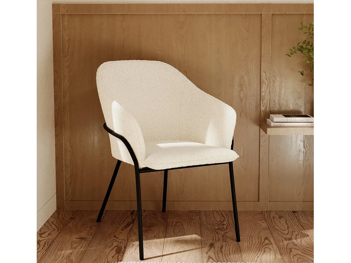 Silla con efecto bouclette de lana blanca y patas de metal - Toscane