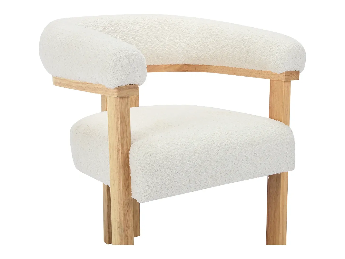 Silla con reposabrazos en tela bouclé y madera de hevea - Blanco y natural - LIVELIA