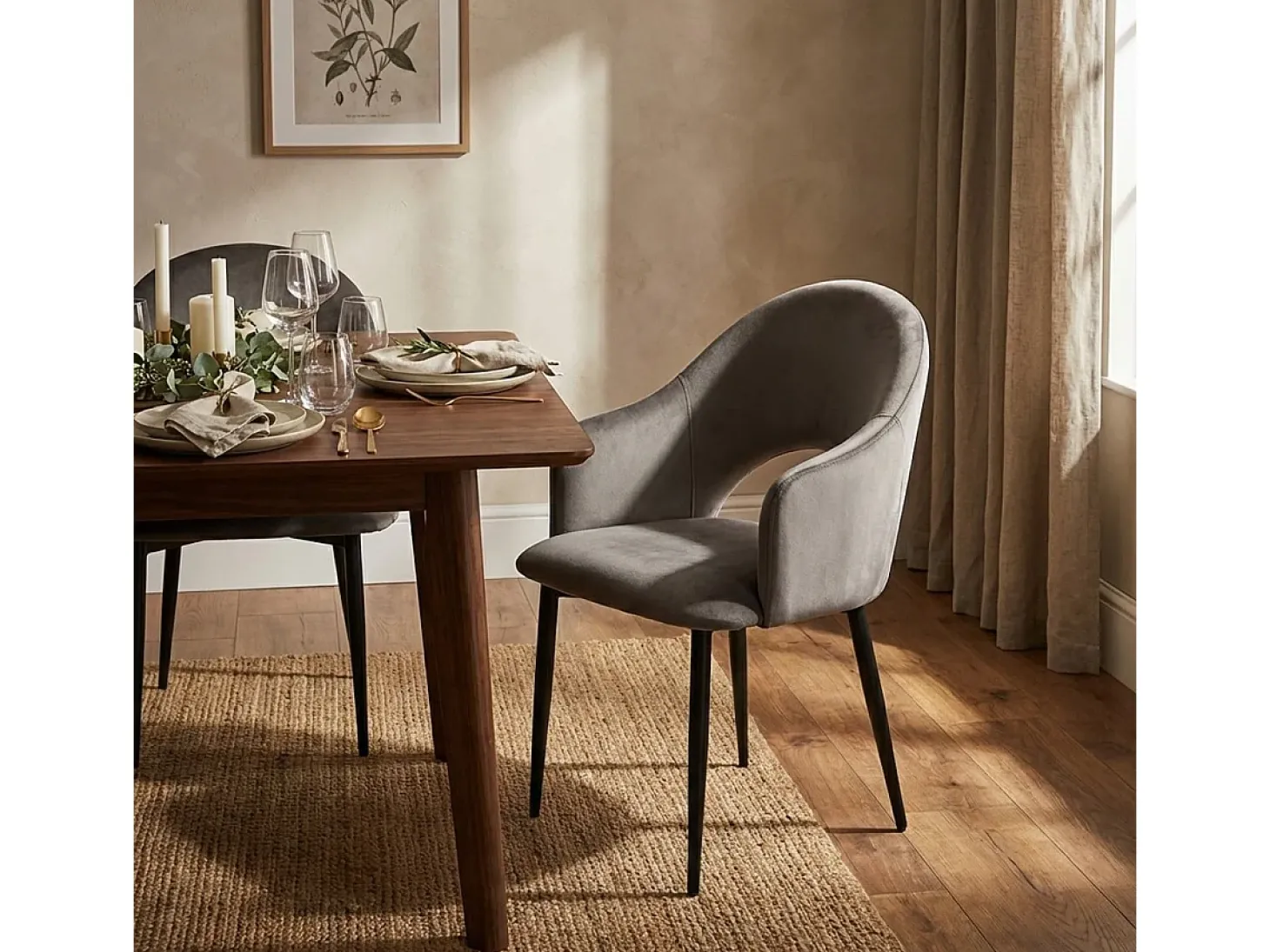 Silla con reposabrazos moderna de terciopelo para salón-comedor y cocina Rozan - Gris