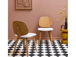 Silla curvada de madera y borreguito, set de 2 gris claro