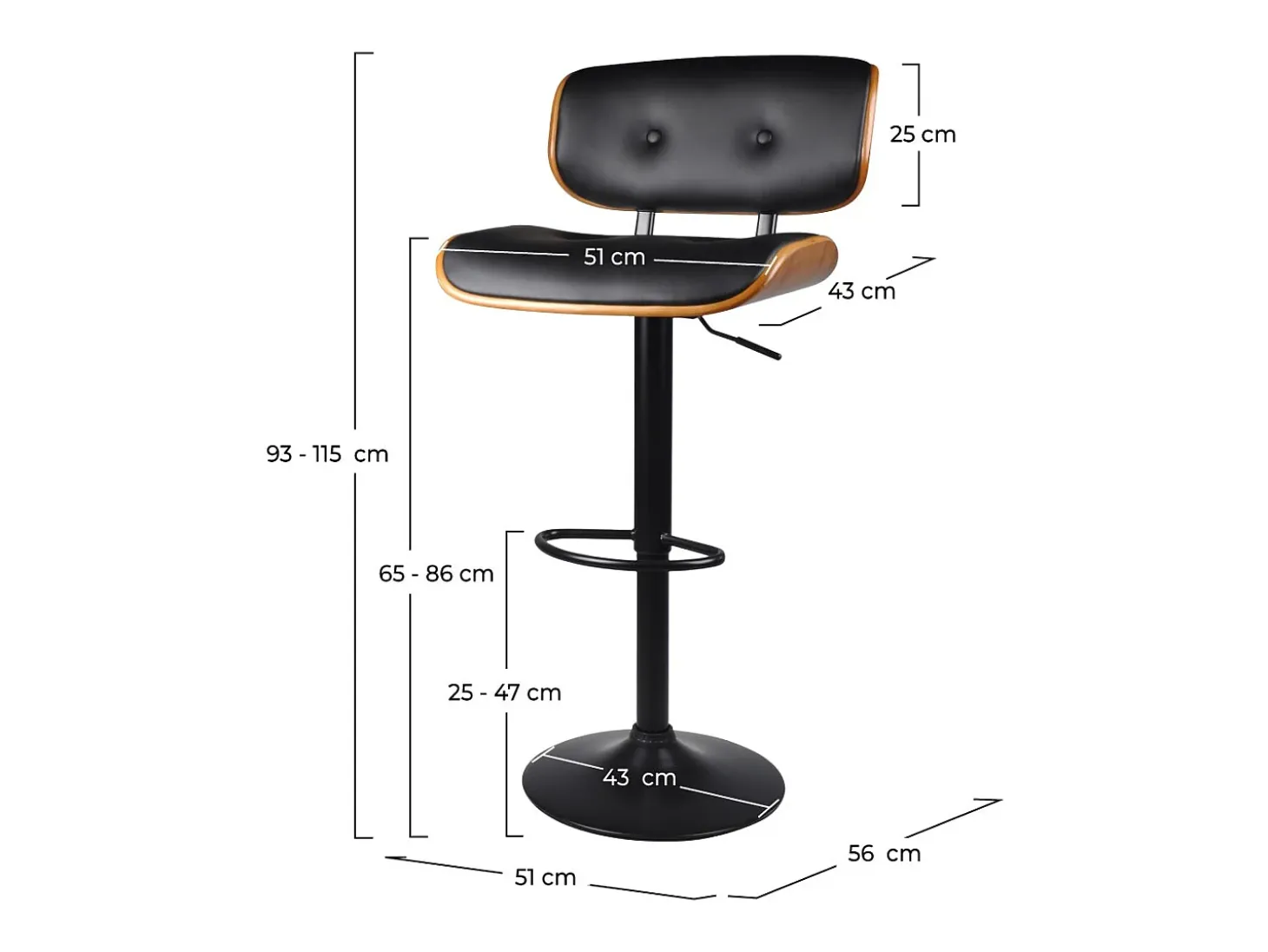 Silla de bar ajustable 65/86 cm en piel sintética negra - Melchior