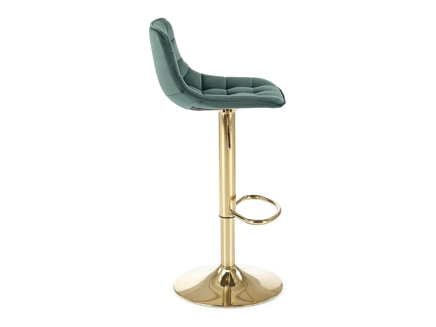 Silla de bar de terciopelo verde con base de metal dorado Explicación