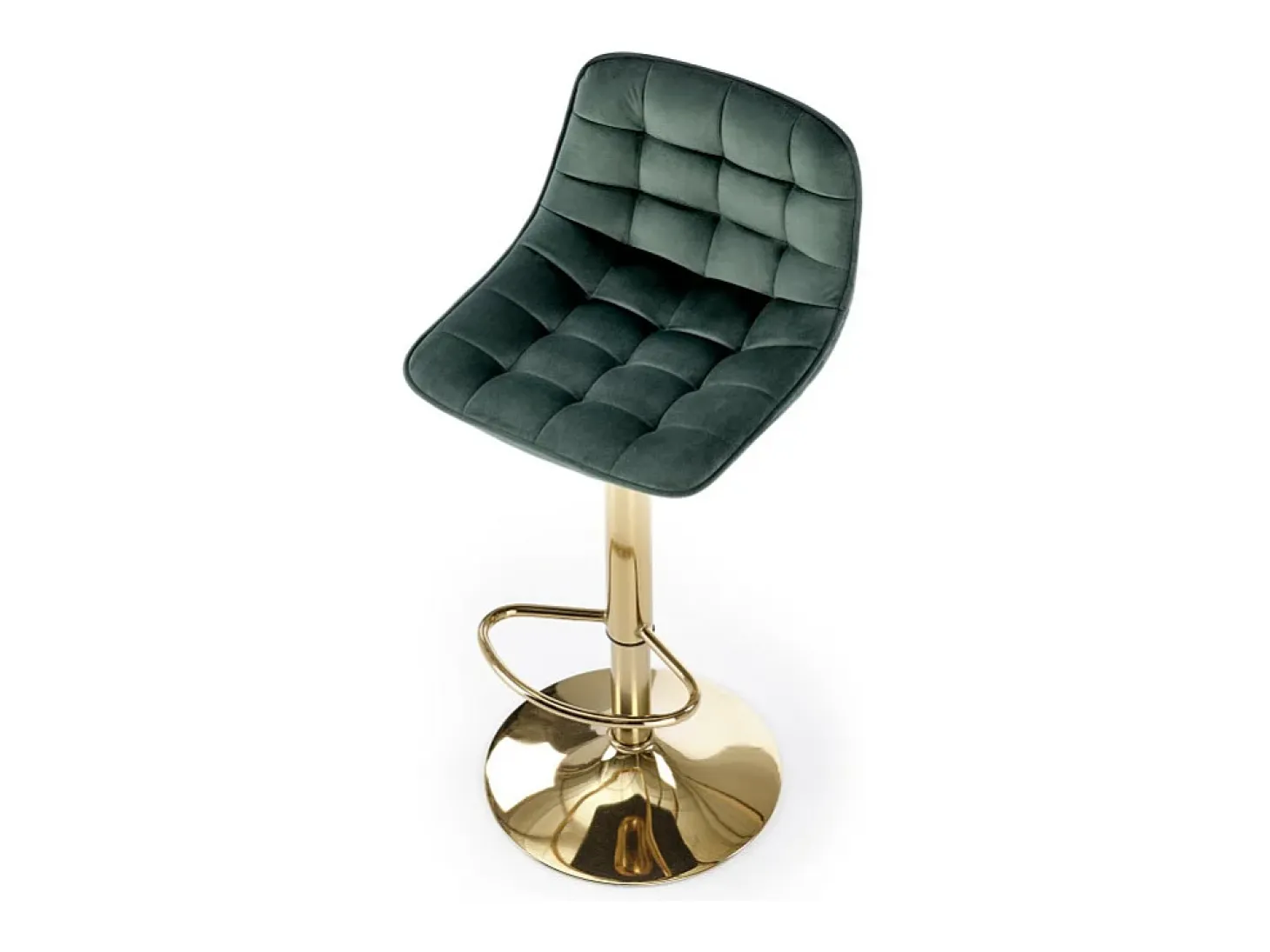Silla de bar de terciopelo verde con base de metal dorado Explicación