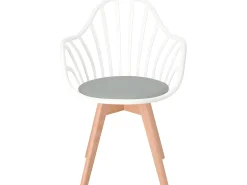 Silla de barrotes escandinava, con reposabrazos, cojín acolchado de cuero sintético, patas de madera de haya clara BOLD+ (blanco gris)