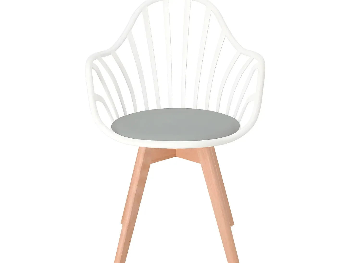 Silla de barrotes escandinava, con reposabrazos, cojín acolchado de cuero sintético, patas de madera de haya clara BOLD+ (blanco gris)