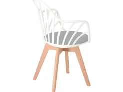 Silla de barrotes escandinava, con reposabrazos, cojín acolchado de cuero sintético, patas de madera de haya clara BOLD+ (blanco gris)
