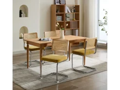 Silla de comedor - asiento voladizo de terciopelo con respaldo de ratán tejido dorado