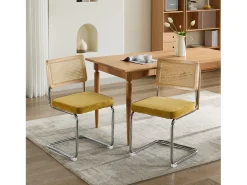 Silla de comedor - asiento voladizo de terciopelo con respaldo de ratán tejido dorado