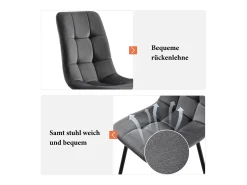 Silla de comedor (4 piezas), gris oscuro, juego de 4 sillas tapizadas con respaldo, asiento de terciopelo, estructura de metal.