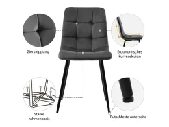 Silla de comedor (4 piezas), gris oscuro, juego de 4 sillas tapizadas con respaldo, asiento de terciopelo, estructura de metal.