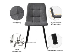 Silla de comedor (4 piezas), gris oscuro, juego de 4 sillas tapizadas con respaldo, asiento de lino, estructura de metal.
