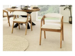 Silla de comedor ARKAYA vintage en madera maciza de acacia y tela blanca