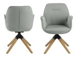Silla de comedor Aura patas de roble, con reposabrazos y retorno giratorio color gris claro.