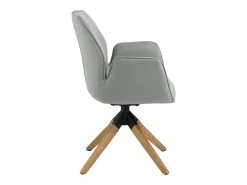 Silla de comedor Aura patas de roble, con reposabrazos y retorno giratorio color gris claro.