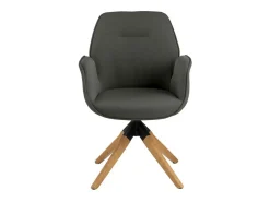 Silla de comedor Aura patas de roble, con reposabrazos y retorno giratorio color gris claro.
