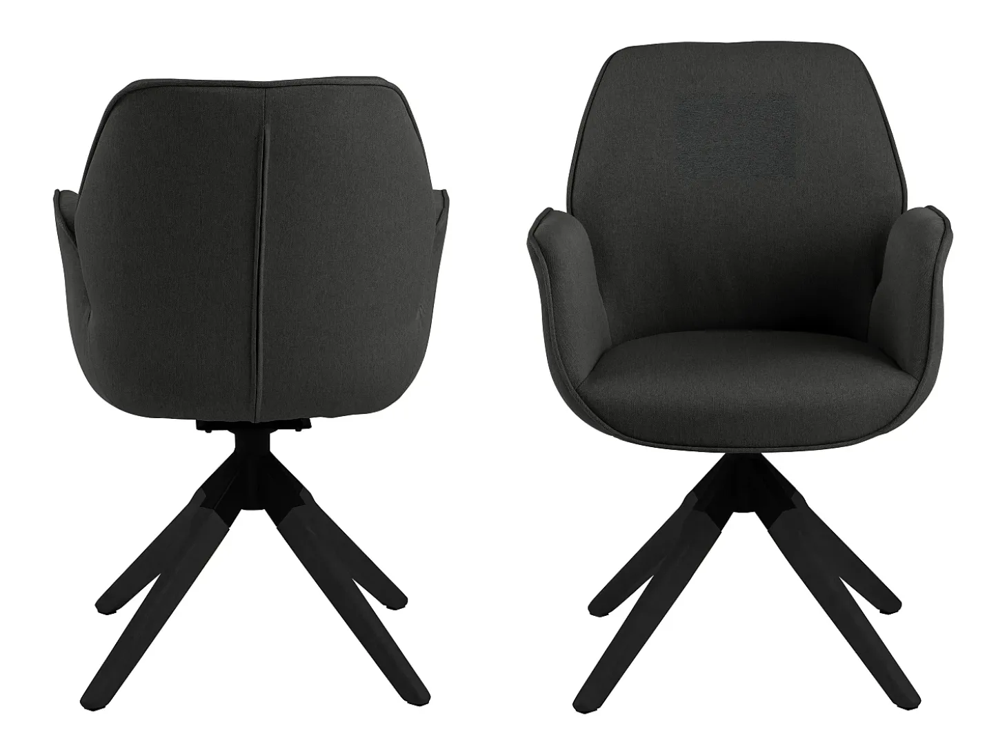 Silla de comedor Aura patas negras con reposabrazos y retorno en color gris oscuro.
