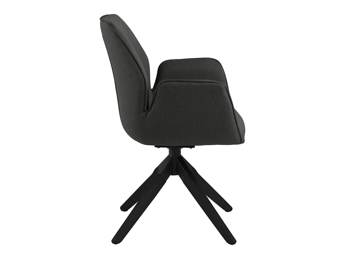 Silla de comedor Aura patas negras con reposabrazos y retorno en color gris oscuro.