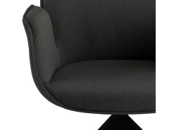 Silla de comedor Aura patas negras con reposabrazos y retorno en color gris oscuro.