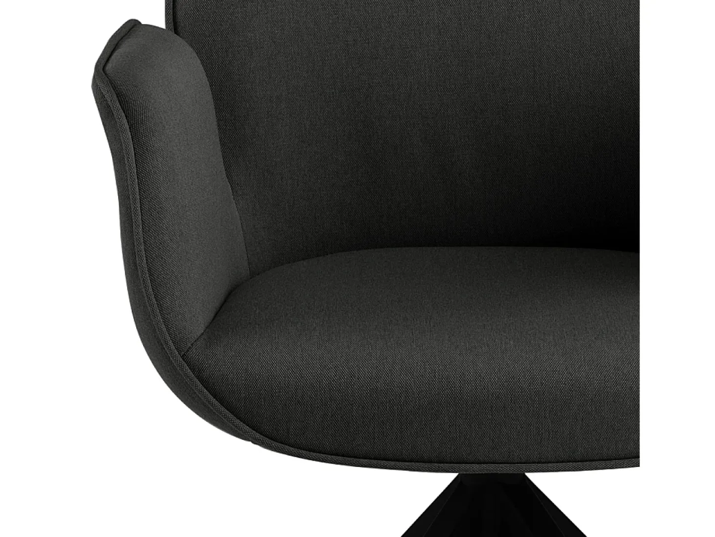 Silla de comedor Aura patas negras con reposabrazos y retorno en color gris oscuro.
