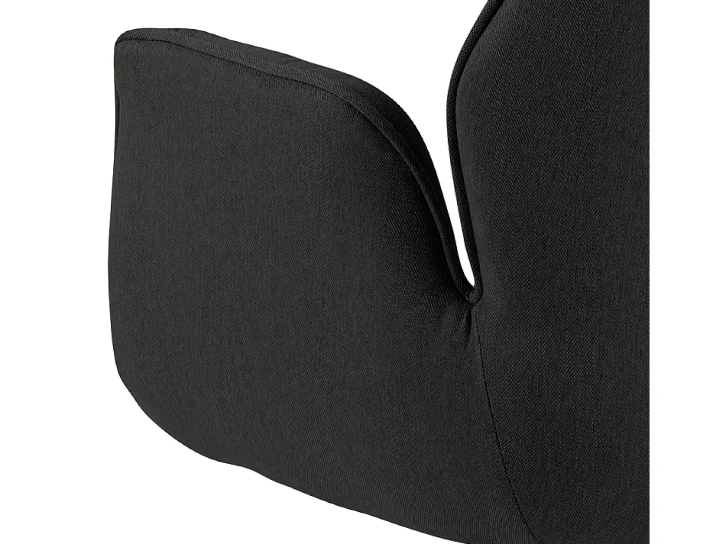 Silla de comedor Aura patas negras con reposabrazos y retorno en color gris oscuro.