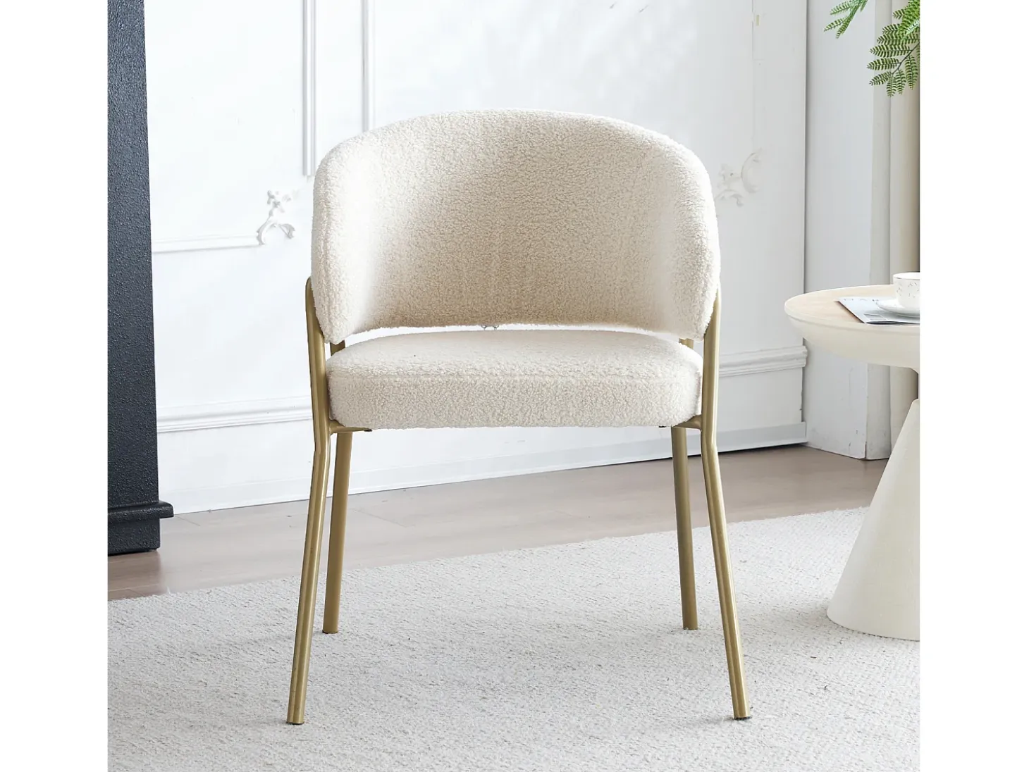 Silla de comedor blanca de 1 plaza, moderna, terciopelo de cordero, patas doradas