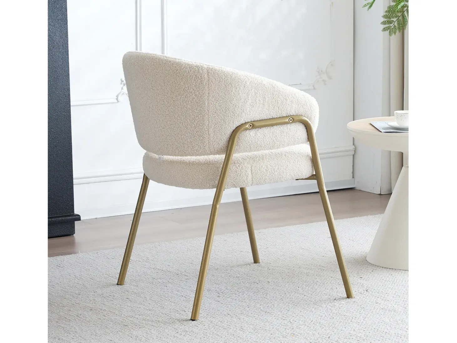 Silla de comedor blanca de 1 plaza, moderna, terciopelo de cordero, patas doradas
