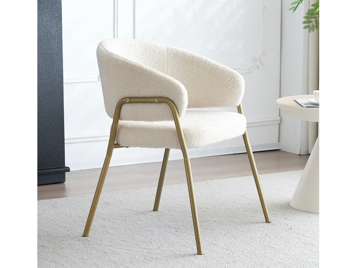 Silla de comedor blanca de 1 plaza, moderna, terciopelo de cordero, patas doradas