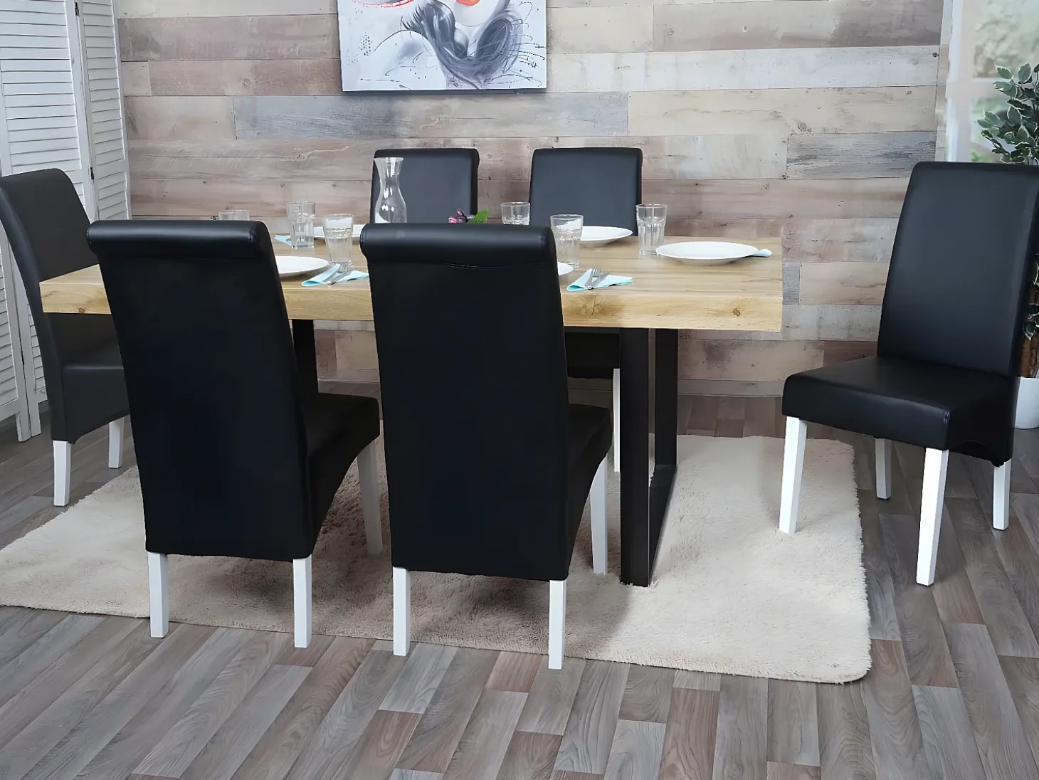 Silla de comedor Cesena (set de 2), cuero, negro, pies blancos