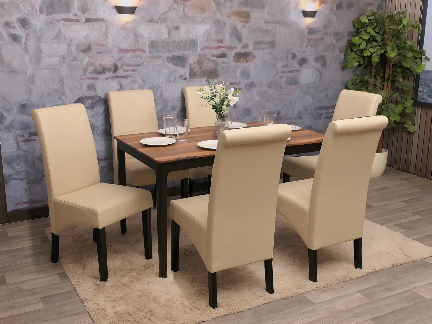 Silla de comedor Cesena (set de 2), Piel, crema, patas oscuras
