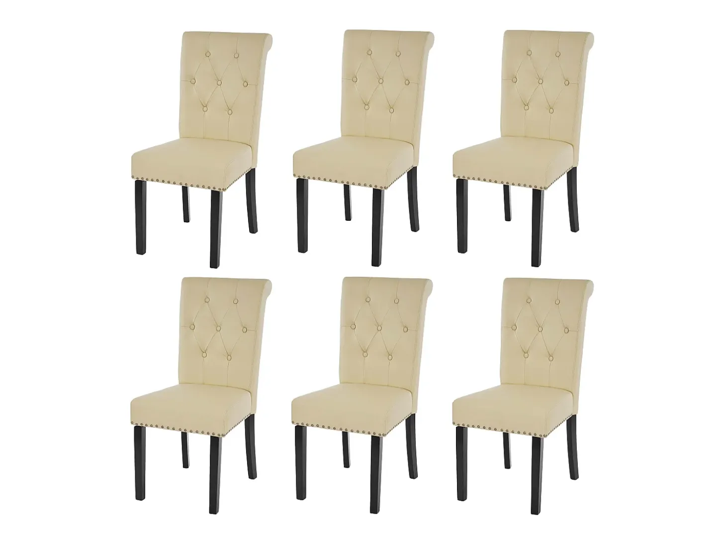 Silla de comedor Chesterfield II (juego de 6), polipiel, crema, patas oscuras