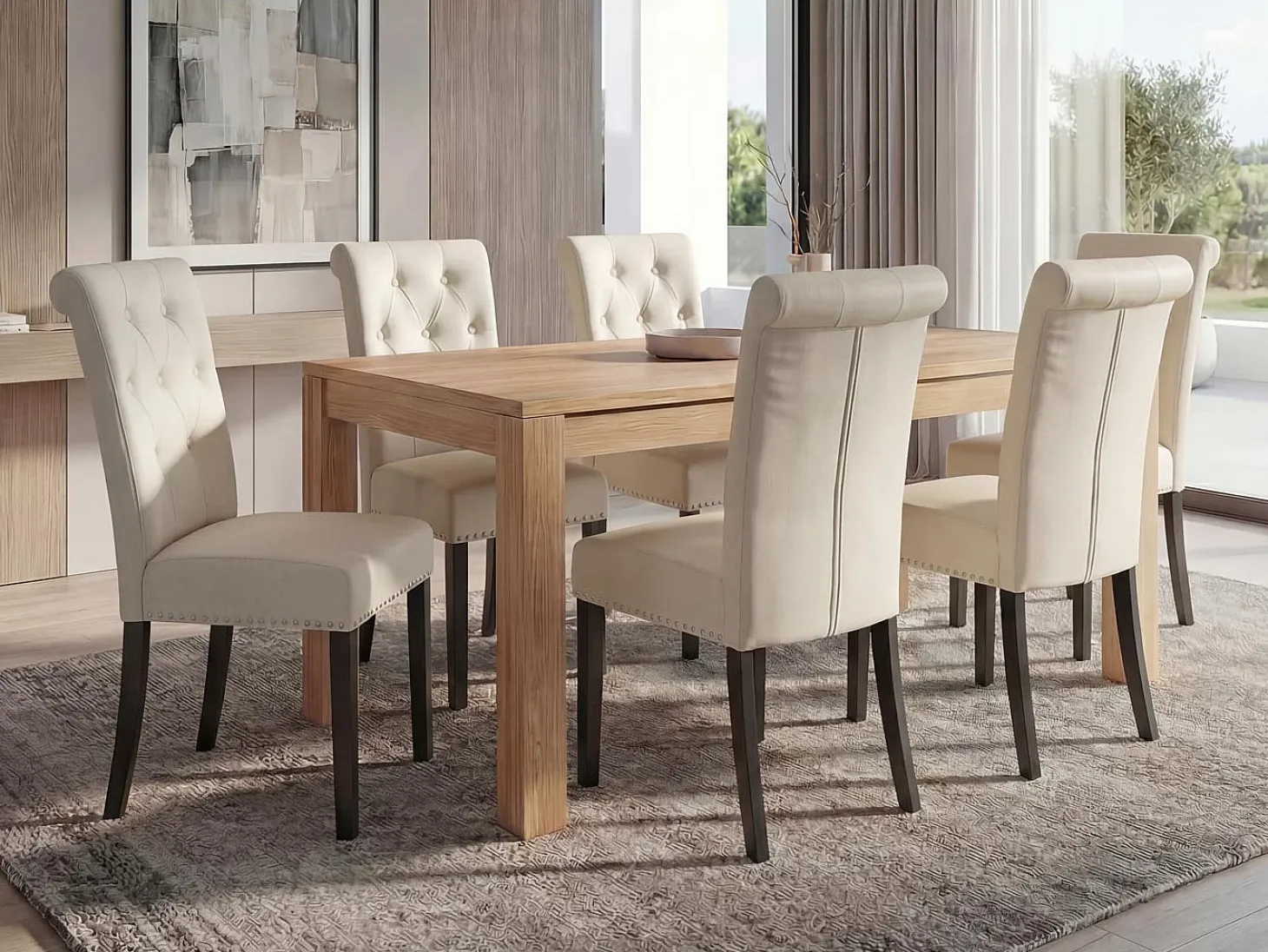 Silla de comedor Chesterfield II (juego de 6), polipiel, crema, patas oscuras