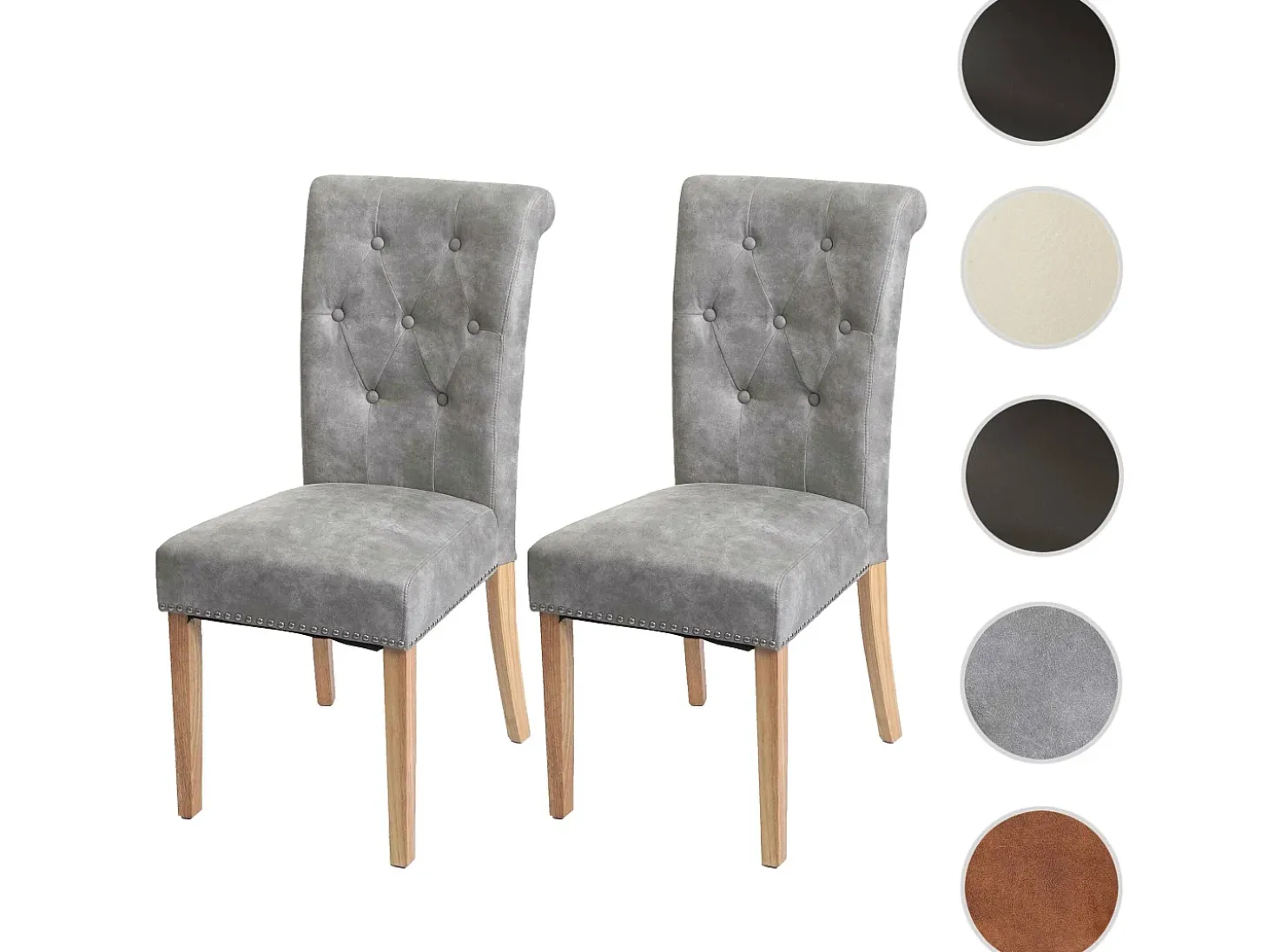 Silla de comedor Chesterfield II (set de 2), tela/textil gris claro, patas claras