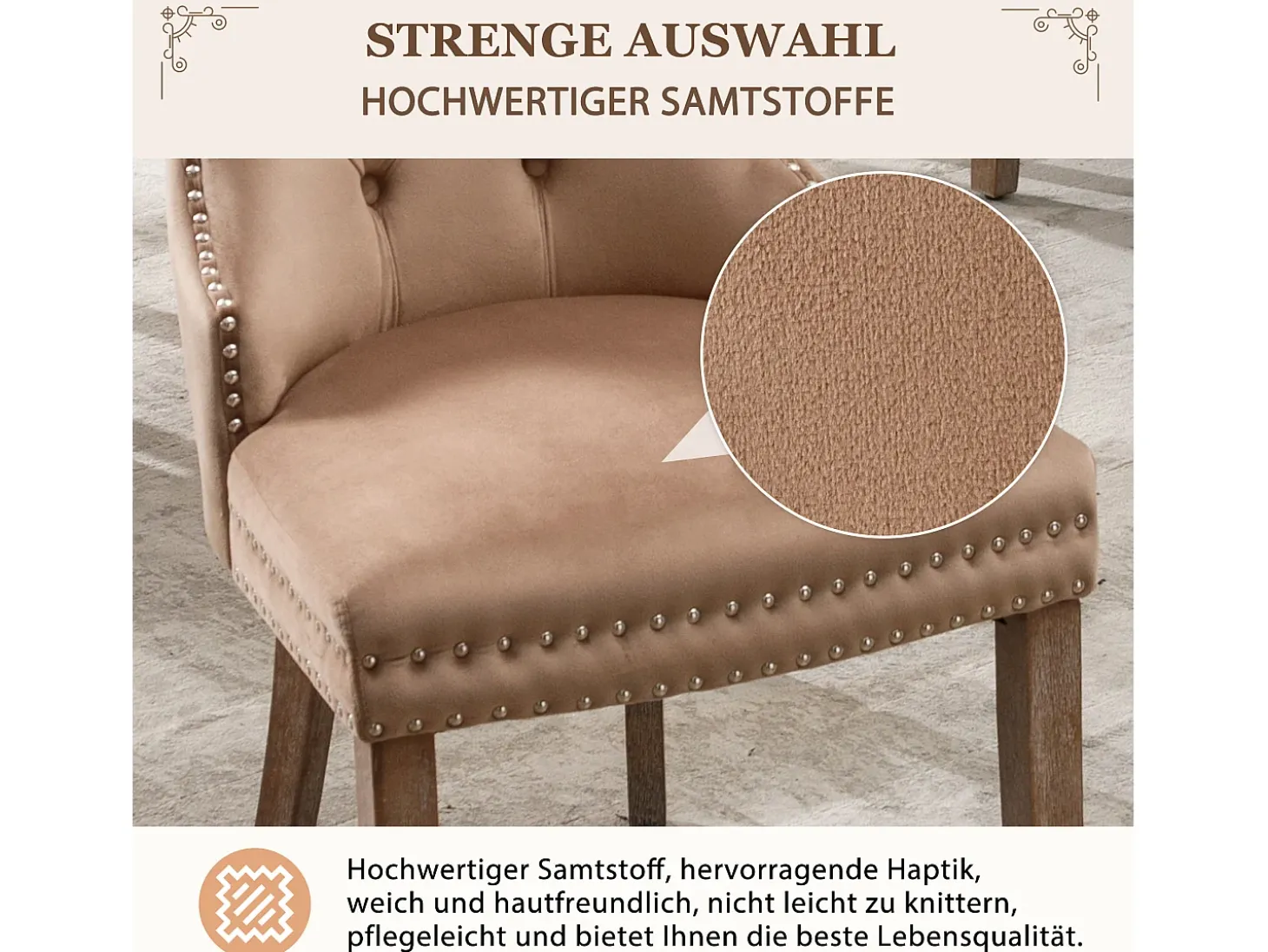 Silla de comedor con tirador circular, terciopelo, patas de madera maciza, marrón (53x46,5x95 cm)