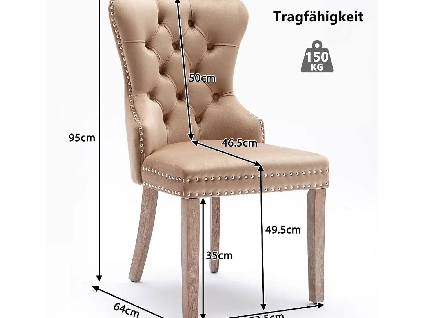 Silla de comedor con tirador circular, terciopelo, patas de madera maciza, marrón (53x46,5x95 cm)