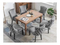 Silla de comedor de 1,2 m de terciopelo gris con botones capitoné y estructura de madera maciza, color gris (juego de 6)