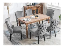Silla de comedor de 1,2 m de terciopelo gris con botones capitoné y estructura de madera maciza, color gris (juego de 6)